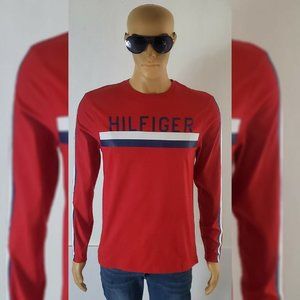 TOMMY HILFIGER LONG SLEEVE TSHIRTS MEN'S CREW NECK BIG STRIPE LOGO SIZE S RED
